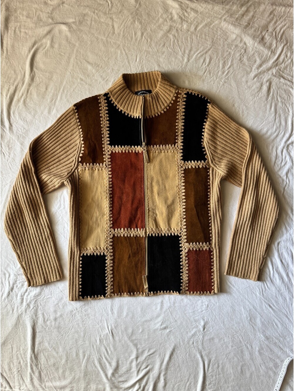 Vtg 90s Y2K Leather Patchwork Zip Up Cardigan Sweater Boho Artsy Grandmacore, M